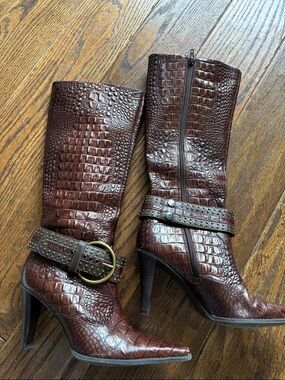 Gianni Bini Croc print leather boots